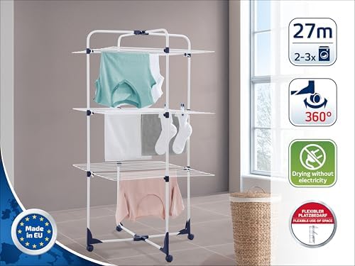 Leifheit Turmtrockner Classic Tower 270 – Platzsparender Wäscheturm mit 27m Leinenlänge für Dusche und Balkon