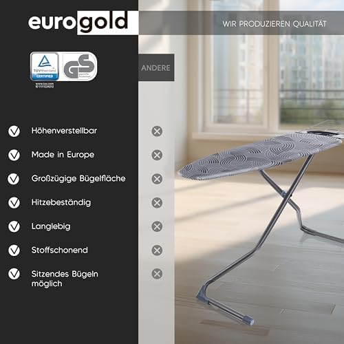 EUROGOLD® Premium Bügelbrett 120x42cm - Stabiler, höhenverstellbarer Bügeltisch mit rutschfesten Füßen für einfaches Büg