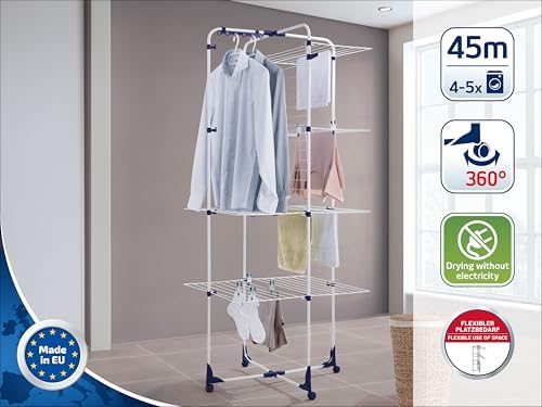 Leifheit Turmtrockner Classic Tower 270 – Platzsparender Wäscheturm mit 27m Leinenlänge für Dusche und Balkon