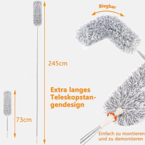 Staubwedel Teleskop Waschbar - Ausziehbarer Staubwischer bis 2,45m für hohe Decken und Deckenventilatoren, ergonomisch u