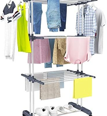 HOMIDEC Wäscheständer Turm mit Rollen – Platzsparender Edelstahl Wäschetrockner für Innen & Außen, 6 klappbare Flügel, g