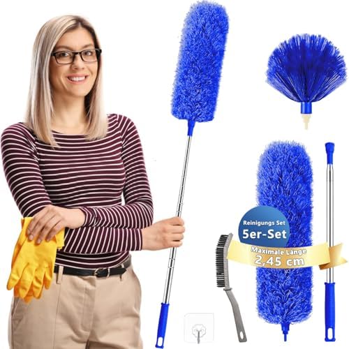 Staubwedel Teleskop Waschbar - Ausziehbarer Staubwischer bis 2,45m für hohe Decken und Deckenventilatoren, ergonomisch u