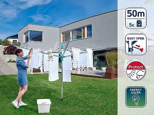 Leifheit Wäschespinne Linomatic 500 Easy – 50m Leinen, Easy-Lift-System für effizientes Wäschetrocknen im Garten!