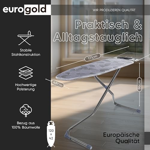 EUROGOLD® Premium Bügelbrett 120x42cm - Stabiler, höhenverstellbarer Bügeltisch mit rutschfesten Füßen für einfaches Büg