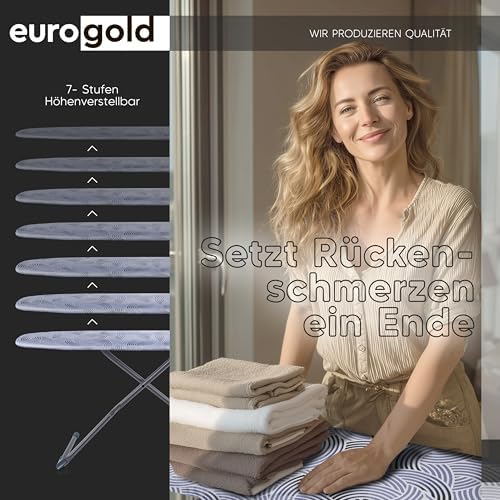 EUROGOLD® Premium Bügelbrett 120x42cm - Stabiler, höhenverstellbarer Bügeltisch mit rutschfesten Füßen für einfaches Büg