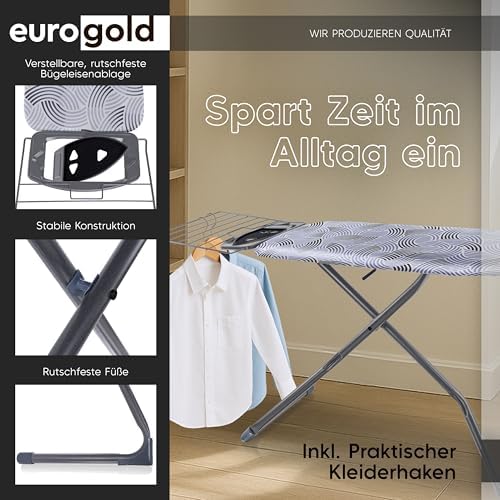 EUROGOLD® Premium Bügelbrett 120x42cm - Stabiler, höhenverstellbarer Bügeltisch mit rutschfesten Füßen für einfaches Büg