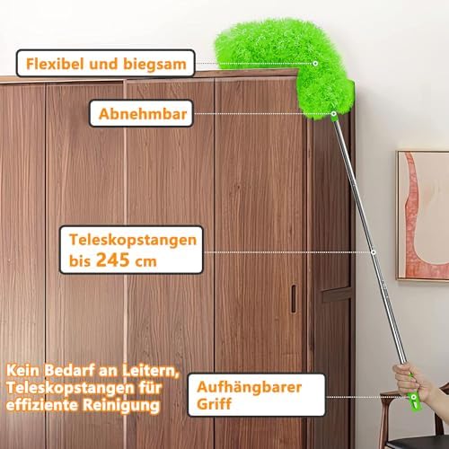 Staubwedel Teleskop Waschbar - Ausziehbarer Staubwischer bis 2,45m für hohe Decken und Deckenventilatoren, ergonomisch u