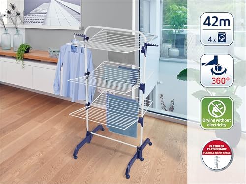 Leifheit Turmtrockner Classic Tower 270 – Platzsparender Wäscheturm mit 27m Leinenlänge für Dusche und Balkon