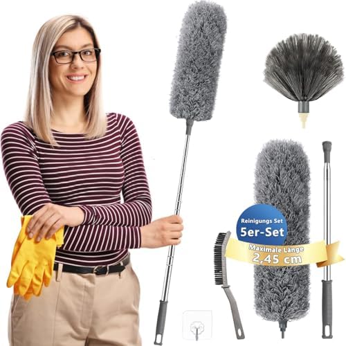 Staubwedel Teleskop Waschbar - Ausziehbarer Staubwischer bis 2,45m für hohe Decken und Deckenventilatoren, ergonomisch u