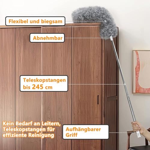 Staubwedel Teleskop Waschbar - Ausziehbarer Staubwischer bis 2,45m für hohe Decken und Deckenventilatoren, ergonomisch u