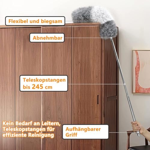 Staubwedel Teleskop Waschbar - Ausziehbarer Staubwischer bis 2,45m für hohe Decken und Deckenventilatoren, ergonomisch u