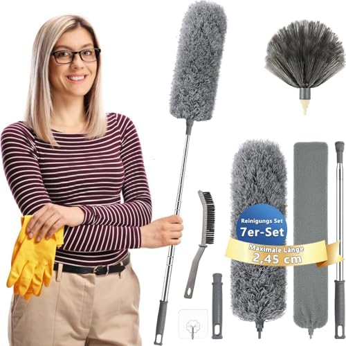 Staubwedel Teleskop Waschbar - Ausziehbarer Staubwischer bis 2,45m für hohe Decken und Deckenventilatoren, ergonomisch u