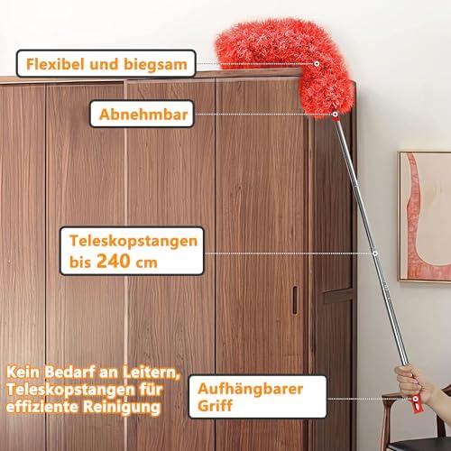 Staubwedel Teleskop Waschbar - Ausziehbarer Staubwischer bis 2,45m für hohe Decken und Deckenventilatoren, ergonomisch u