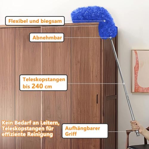 Staubwedel Teleskop Waschbar - Ausziehbarer Staubwischer bis 2,45m für hohe Decken und Deckenventilatoren, ergonomisch u